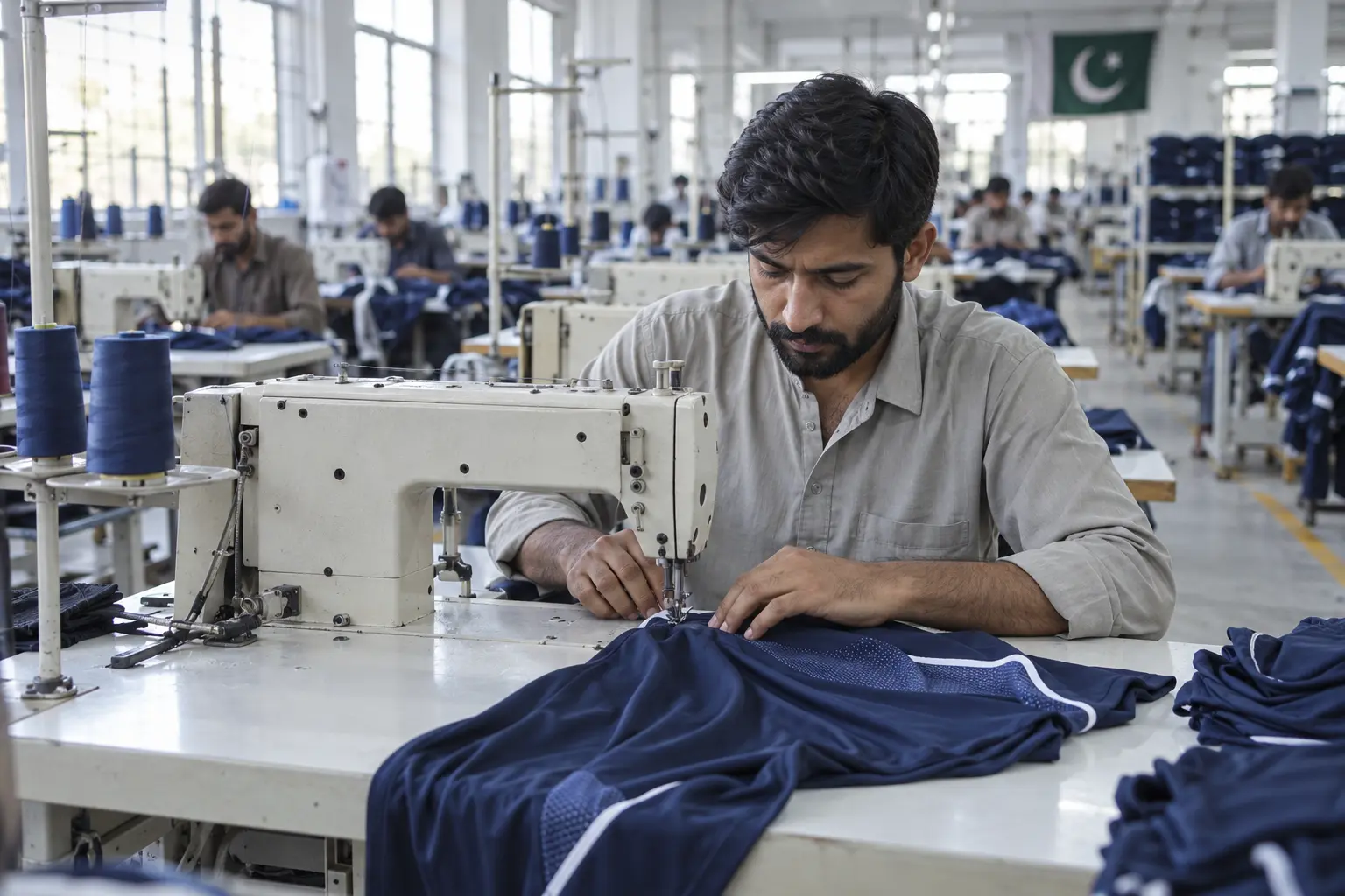 Pakistani garment worker stitching sportswear in a professional factory