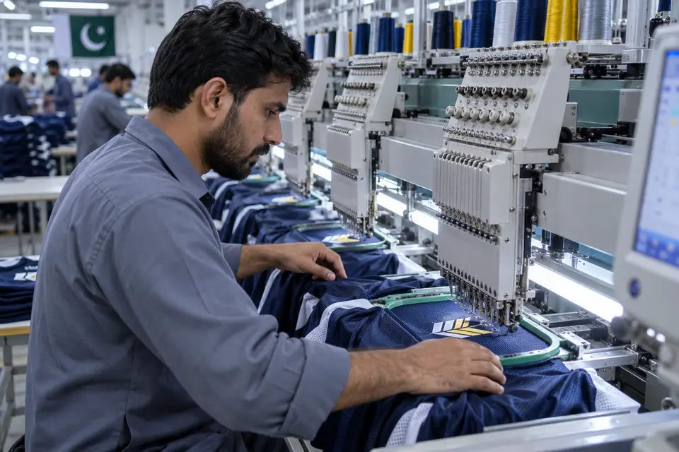 Embroidery operator working on a sports jersey