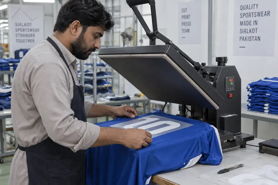 Worker applying a heat-transfer graphic to a team jersey
