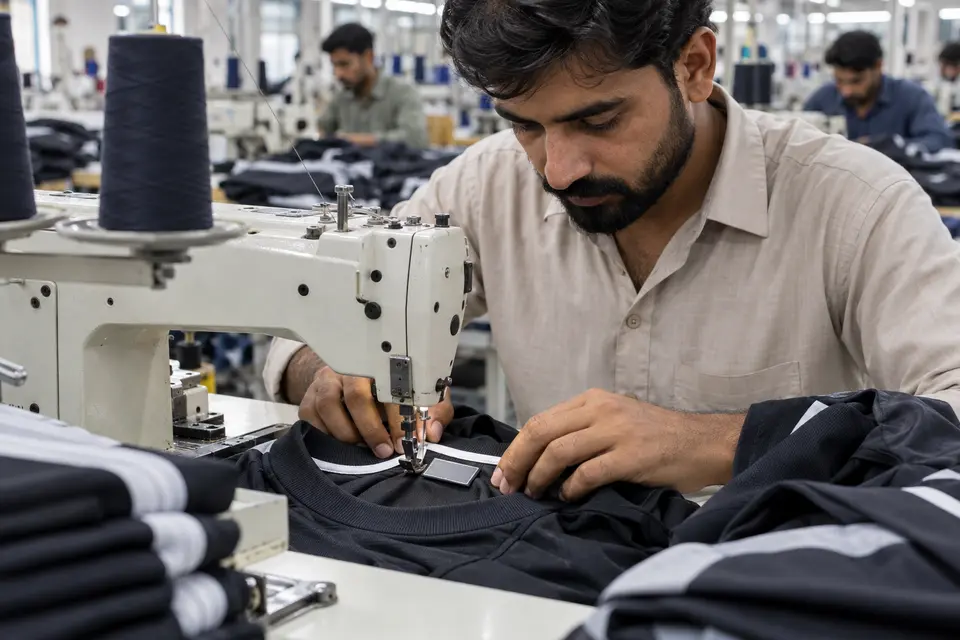 Sewing operator attaching a private label to sportswear