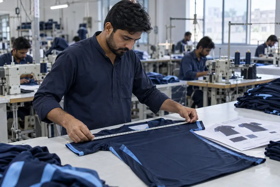OEM developer inspecting and measuring a garment sample