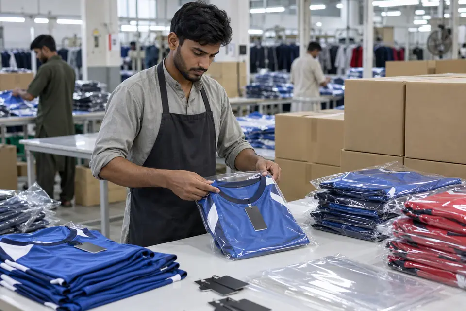 Export worker packing finished sports jerseys