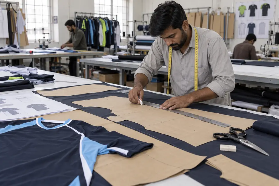 Pattern maker cutting a sportswear sample