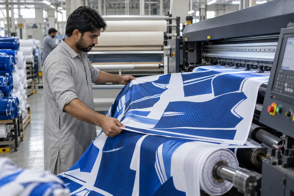Textile worker operating a sublimation printing line