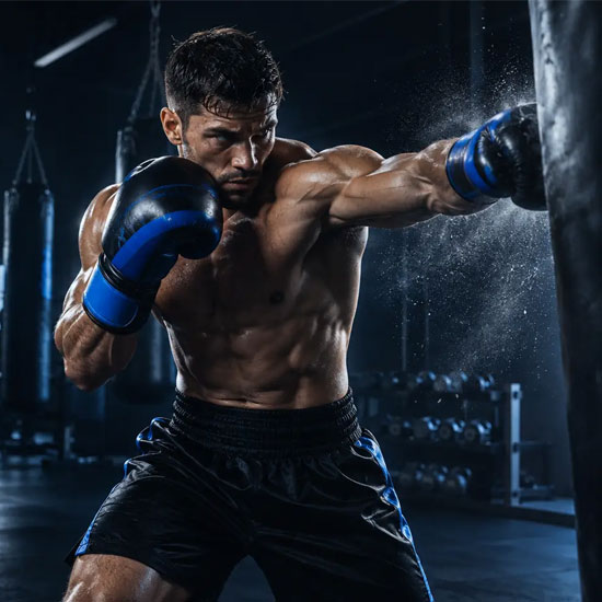 Boxer training in professional boxing gear