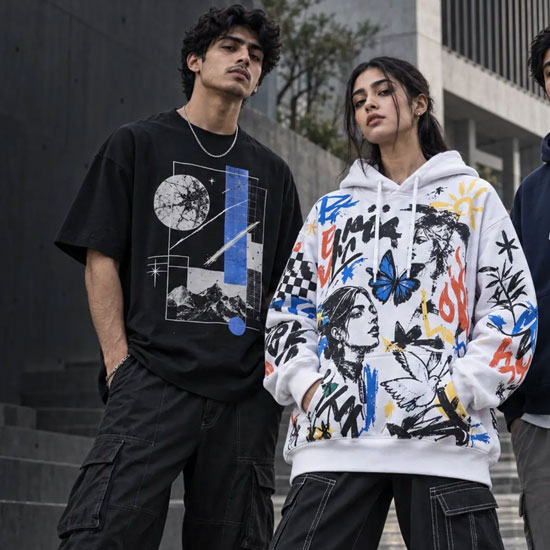 Models wearing graphic-print streetwear